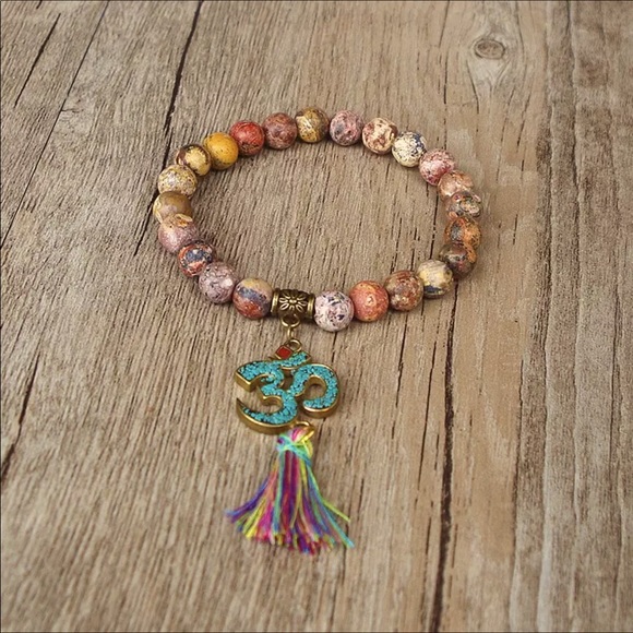 Earth Art hand crafted artisan Jewelry - Inlaid turquoise OM Gemstone bracelet